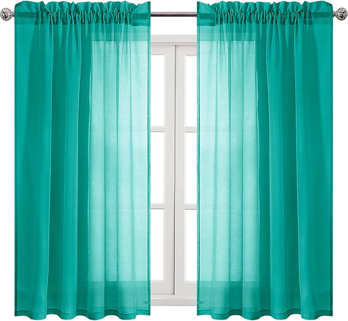 DWCN Teal Sheer Curtains Semi Transparent Voile Rod Pocket Curtains for Bedroom and Living Room, 52 x 45 inches Long, Set of 2 Panels