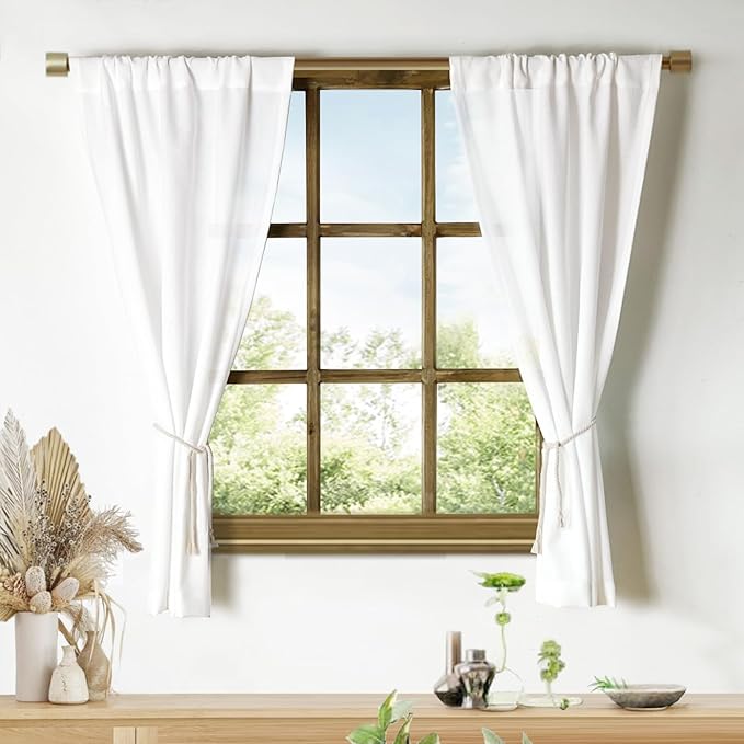 Oindec aux Linen Kitchen Curtains 45 Inch Length Cafe Curtain Tiers for Living Room Basement Bathroom Windows Country Rustic Small Short Curtains, Set of 2, White