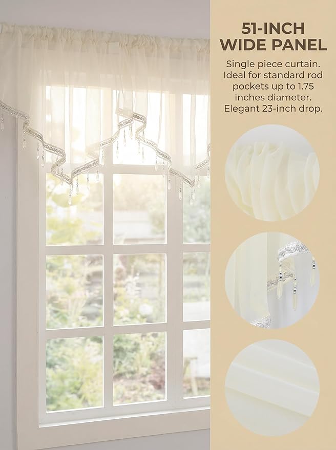 Molaxhome Swag Curtain 51 inch Length Rod Pocket Scalloped Curtain Valance Sheer Lace Panels with Hanging Crystal Beads for Kitchen Bedroom Window Treatments Drape Decor 1pc (Beige, 51Wx23L)