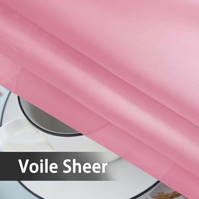 youleyar Solid Sheer Rod Pocket Curtain Voile Draperies 2 Panels White Beige Black Grey Coffee 52 Inch Width 45 Inch Long 1 Pair for Kitchen Bedroom Children Living Room Yard(Light Pink,52Wｘ45L)