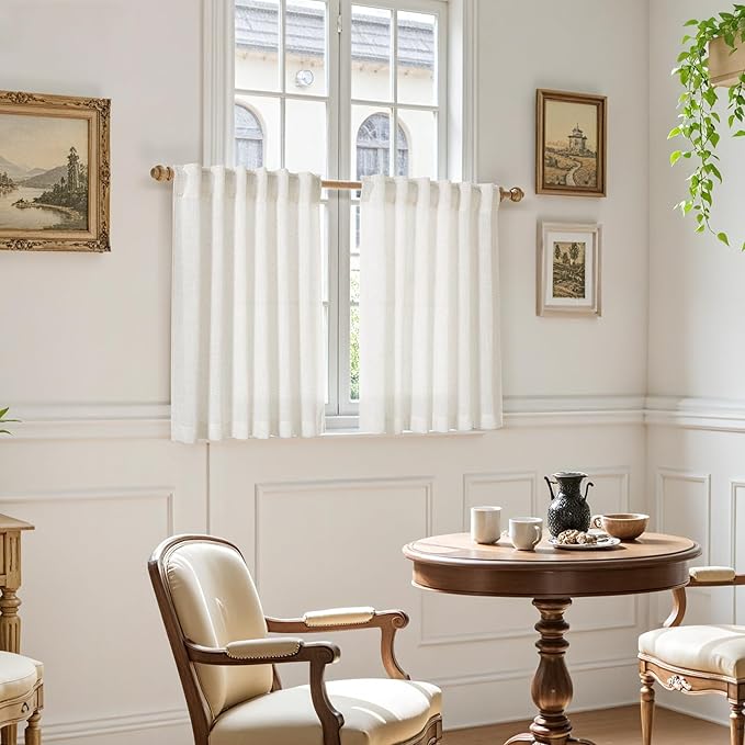 Nanspring Linen Natural Curtains for Kitchen Windows Over Sink - Cafe Drapes Semi Sheer with Back Tab and Rod Pocket Lightweight Rustic Textured Cabinet Curtain for Bathroom 29 x 24 Inch, 2 Panels