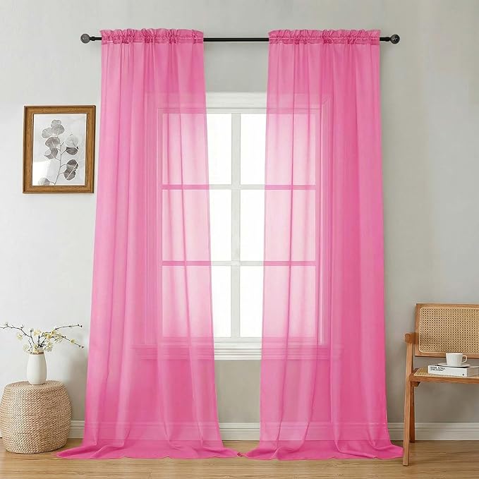 Gwine Sheer Curtains 96 Inches Long - Light Filtering Rod Pocket Window Curtain Panels for Bedroom, Elegant Soft Voile Living Room Sheer Drapes, Each 42Wx96L, 2 Panels, Hot Pink