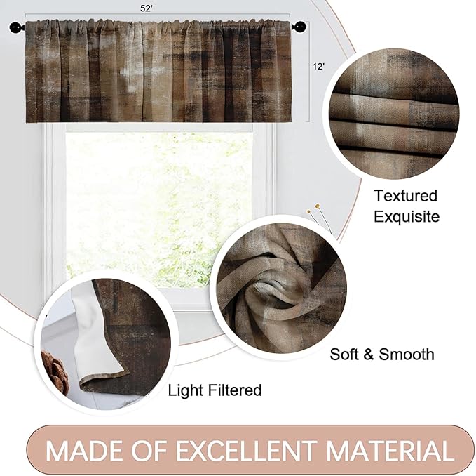 Emvency 4 Pack Valances Window Treatments, Abstract Dark Brown Art Painting Blackout Adjustable for Living Room Bathroom Bedroom Kitchen Over Sink, 52x12 Inch Rod Pocket Valances