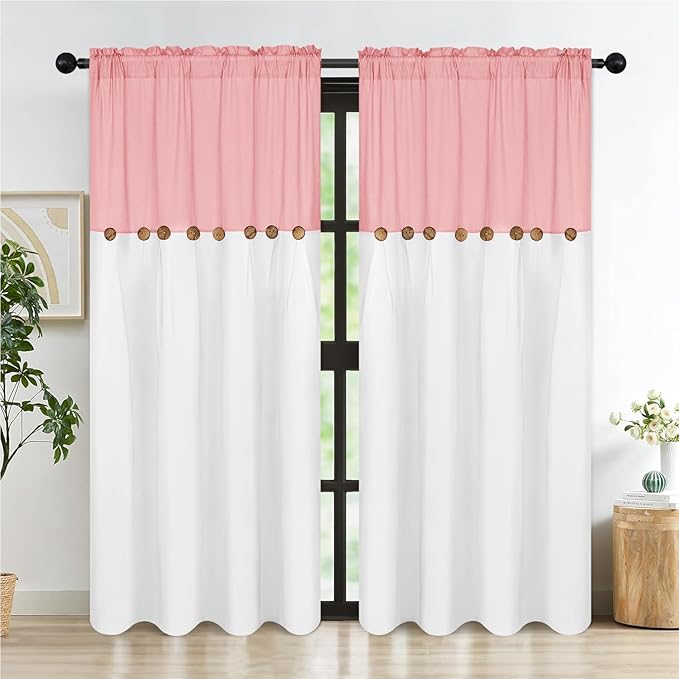 FRAMICS Farmhouse Cotton Linen Curtains for Living Room, Pink Button Curtains 84 Inch Length 2 Panels, Rustic Country Linen Window Curtain for Bedroom Rod Pocket Drapes, 52 x 84 Inch, Pink and White