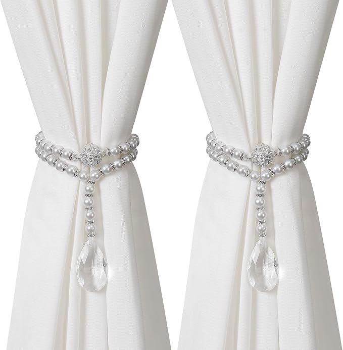 SUQ I OME 1 Pair of Luxury Pearl Beaded Magnetic Curtain Tieback and Holdback Curtain Clips Curtain Buckle Curtain Holder Blingbling Curtain Holdbacks for Drapes,Pearl
