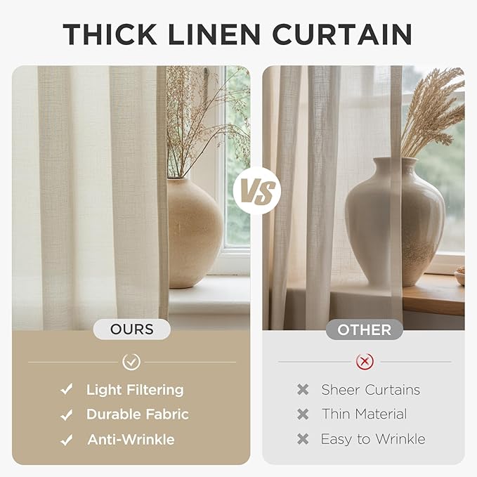 Joydeco Linen Curtains 72 inch Length 2 Panel Set, Light Filtering Curtain for Living Room Bedroom, 52 inch Wide Drapes with Rod Pocket Back Tab