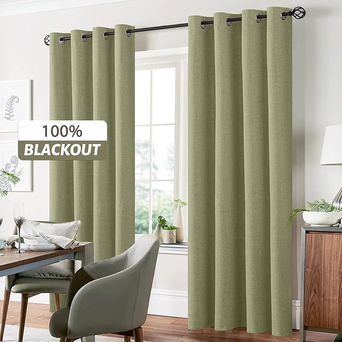Yakamok Linen Sage Curtains 100% Blackout 63 Inches Long,Room Darkening Textured Curtains for Living Room Thermal Grommet Bedroom Curtain 2 Panels with Greyish White Liner
