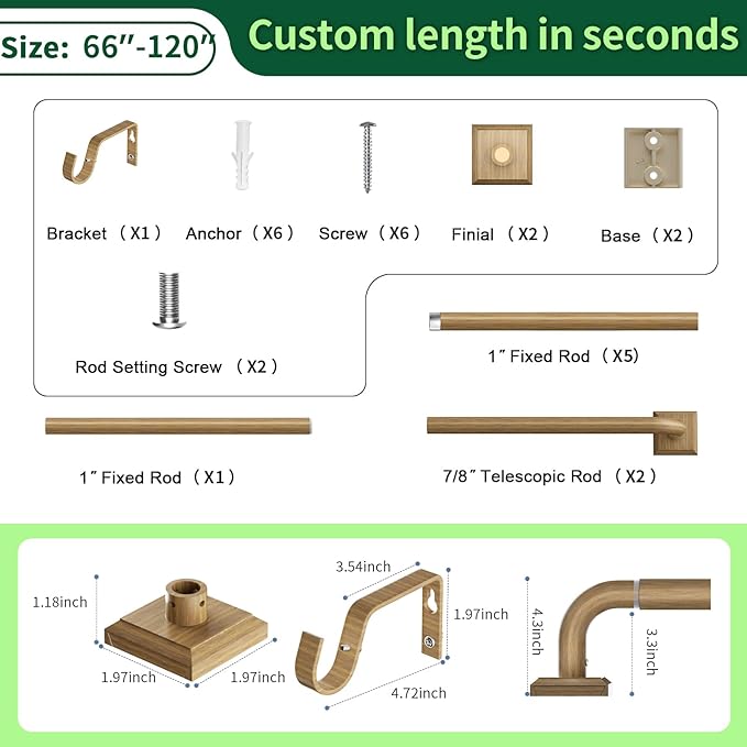 Boho Wood Grain Curtain Rods for Windows 66-120Inch(5.5-10ft) Heavy Duty Wrap Around Blackout Curtain Rods, Adjustable Room Darkening Drapery Rod for Bedroom, Living Room & Outdoor, Stainless Steel