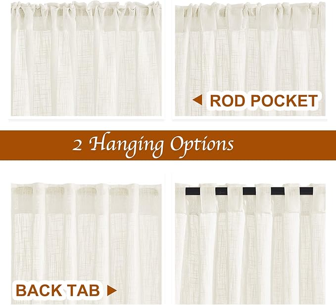 NICETOW Semi Sheer Linen Curtains for Living Room, Rod Pocket & Back Tab Window Treatments Faux Linen Blend Privacy with Light Filtering Drapes for Bedroom, Natural, 2 Panels, W34 x L90