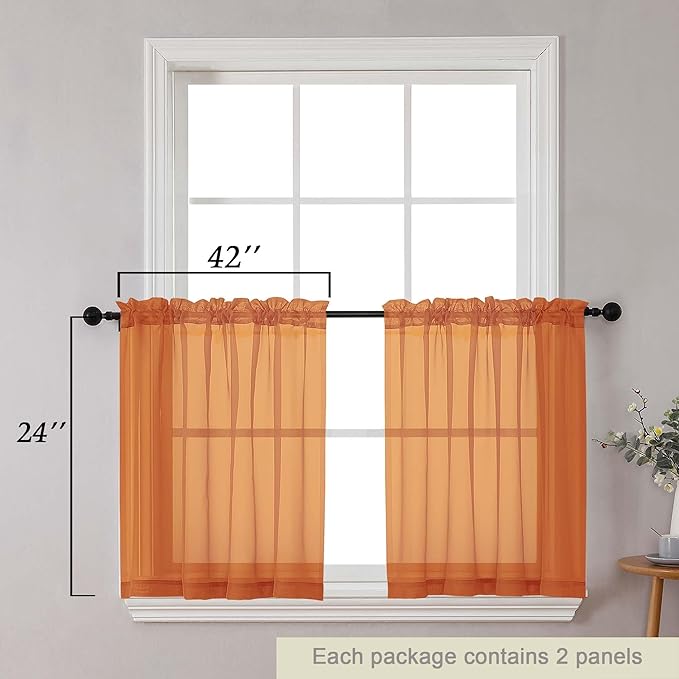 Kitchen Curtains 24 Inch Length Tier 2 Pieces, Orange Sheer Curtain Solid Soft Sheer Short Curtains for Windows, Cafe Bathroom Basement Rod Pocket Drapes, Orange, Each 42" Wx24 L Inches