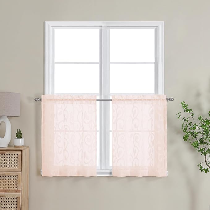 OWENIE Furman Blush Pink Sheer Curtains 24 inch Length 2 Panels Set for Bedroom Living Room Small Windows, Airy Soft Elegant Jacquard Textured Kitchen Curtains Tier, Each 28Wx24L inch