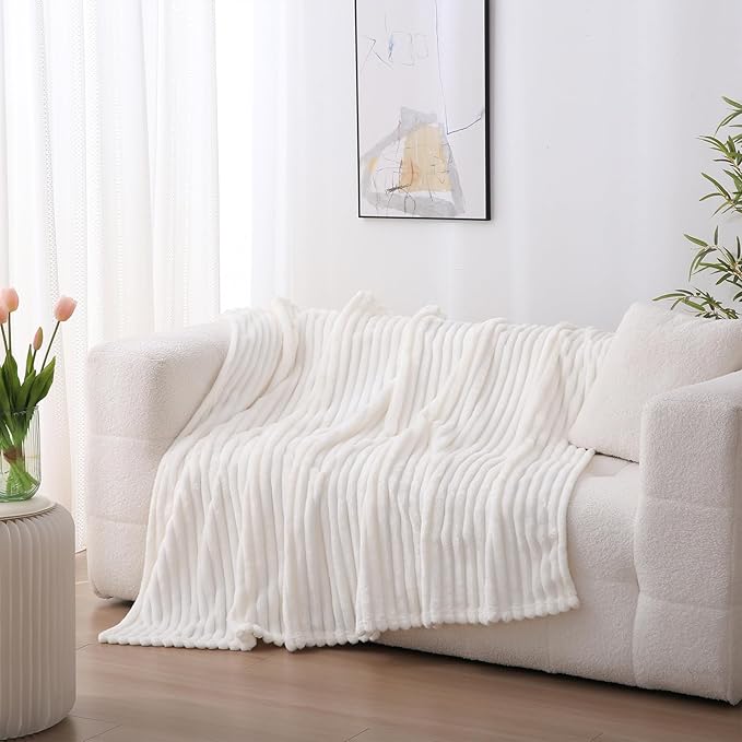 Cream White Fleece Throw Blanket 90”×90” for Couch Sofa Bed,Super Soft Cozy Plush Microfiber Flannel Blanket with Stripes Design Lightweight for Adults,Woman,Girls
