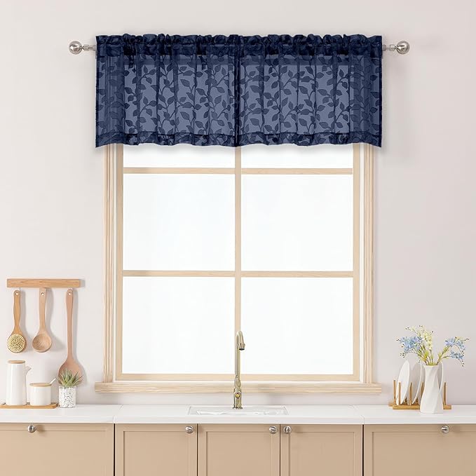 Chyhomenyc Navy Blue Sheer Valances for Windows 14 Inch Length 2 Pcs, Light Filtering Leaf Textured Cafe Short Kitchen Curtains, Top Small Curtain for Living Room Bedroom Basement, 42" W x 14" L