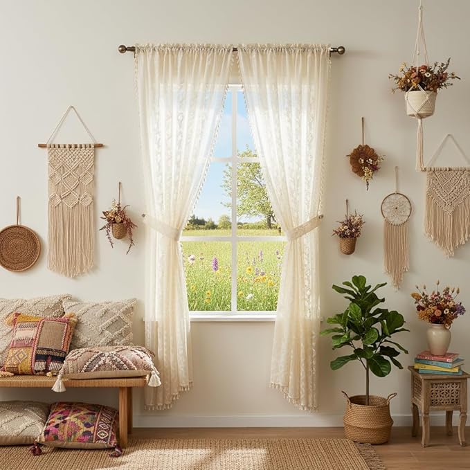 WAZZIO Boho Lace Curtains 2 Panels 72 Inches -Cute Vintage Victorian Sheer Panel Drape French Country Floral Pattern & Tassel Light Filtering Privacy for Bedroom Dining Living Room,Beige,W52x L72
