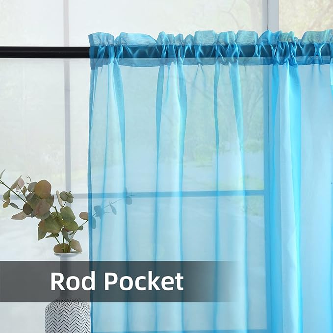 youleyar Solid Sheer Rod Pocket Curtain Voile Draperies 2 Panels White Beige Black Grey Coffee 52 Inch Width 63 Inch Long 1 Pair for Kitchen Bedroom Children Living Room Yard (Cyan Blue,52Wｘ63L)