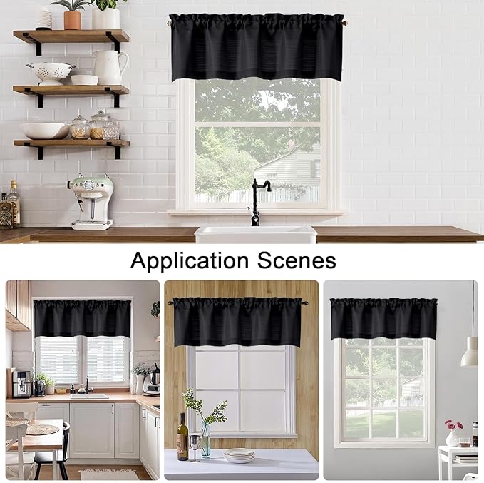 Chyhomenyc Black Short Curtain Valance for Windows, Faux Linen Textured Half Window Curtains, Burlap Solid Topper Small Curtain Valance for Bathroom Laundry Basement, 60Wx18L Inch, 1 Piece