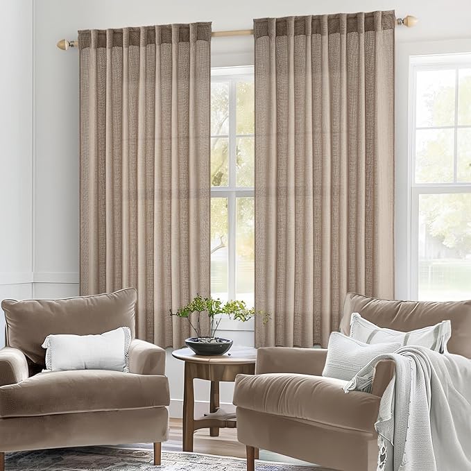 MIULEE Taupe Linen Curtains 63 Inch Length 2 Panels for Bedroom Living Room, Soft Thick Linen Textured Natural Window Drapes Semi Sheer Light Filtering Back Tab Rod Pocket Burlap Look Decor