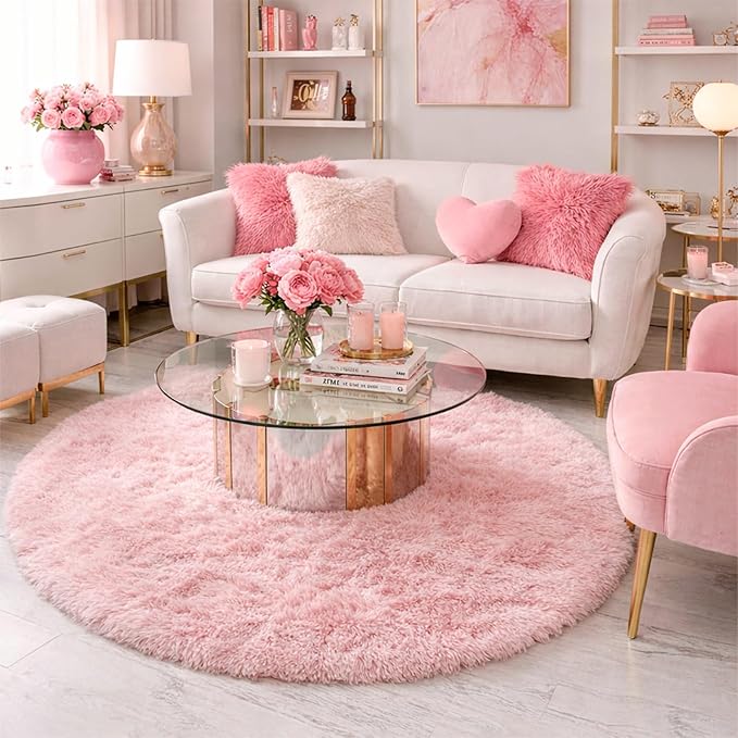 Amdrebio Light Pink Round Circle Rug 4Ft for Girls Bedroom, Fluffy Cute Area Rugs for Kids Room Decor Aesthetic, Kawaii Shag Fuzzy Fur Carpet for Nursery, Preppy Dorm, Classroom, Playroom, Teen, Baby
