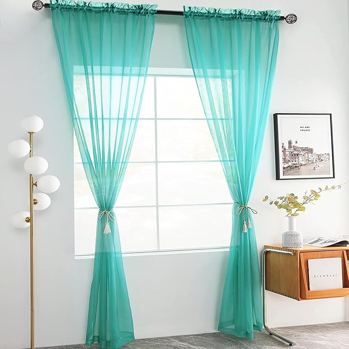 youleyar Solid Sheer Rod Pocket Curtain Voile Draperies 2 Panels White Beige Black Grey Coffee 52 Inch Width 72 Inch Long 1 Pair for Kitchen Bedroom Children Living Room Yard (Turquoise,52Wｘ72L)