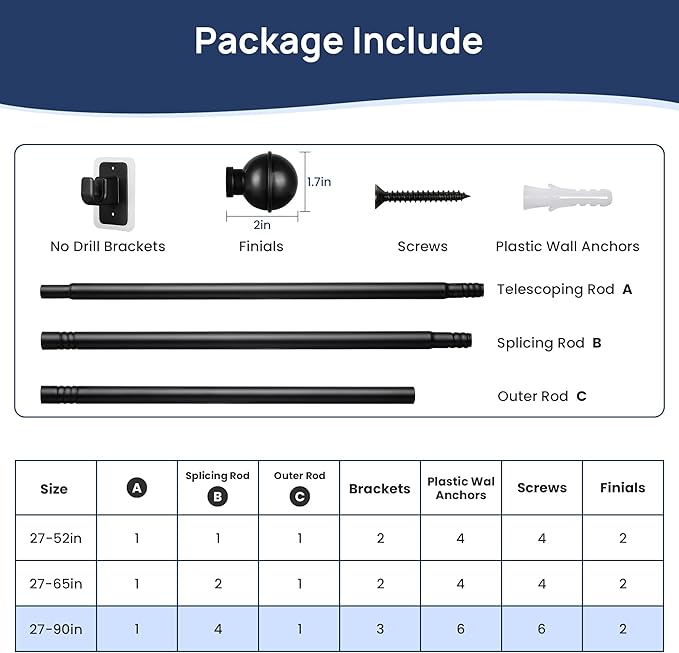 ENJOYBASICS 2 Pack No Drill Curtain Rods for Window 48 to 84 Inches, 5/8 Inch Diameter Renter Friendly Drapery Rod with Adhesive Brackets without Drilling, Adjustable from 27 to 90 Inches, Black