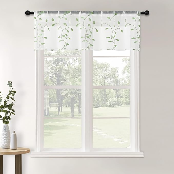 MRTREES Sheer Voile Curtain Valances, Leaves Embroidered Valance Curtains Rod Pocket, Small Sheer Window Curtains Treatment for Bedroom/Living Room/Bathroom(1 Panel, 54x16 Inch, Greyish Green Leaves)