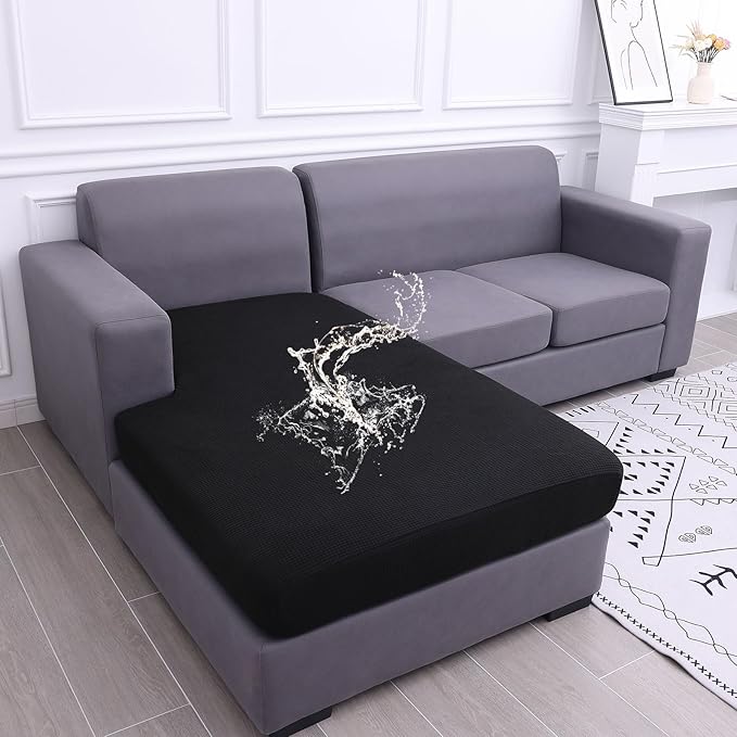 hyha Waterproof Sectional Couch Covers, Non Slip Sofa Couch Cushion Covers L Shape, Thick Stretch Jacquard Fabric, Washable Sofa Slipcovers with Elastic Bottom (1 Piece for Chaise XL, Black)