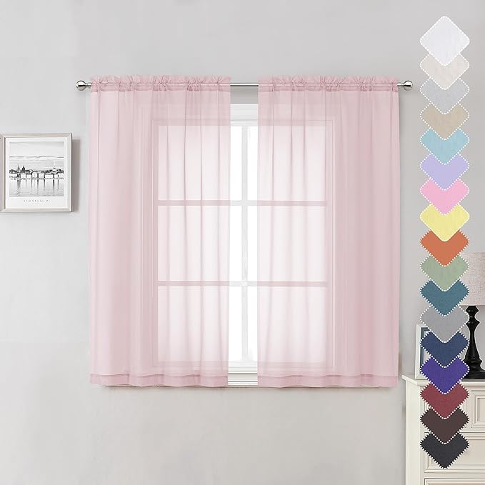 Lecloud Blush Sheer Curtains 54 Inches Long 2 Panels Set, Airy & Breathable Dual Rod Pocket Semi Voile Pink Sheer Curtain, Window Drapes for Bedroom/Living Room/Kitchen/Party Backdrop, 40W x 54L