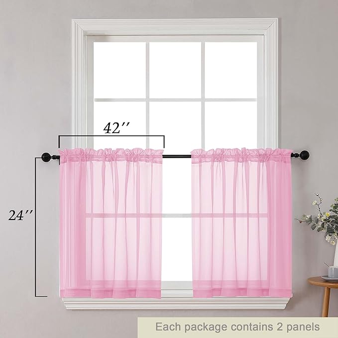 Kitchen Curtains 24 Inch Length Tier 2 Pieces, Pink Sheer Curtain Solid Soft Sheer Short Curtains for Windows, Cafe Bathroom Basement Rod Pocket Drapes, Pink, Each 42" Wx24 L Inches