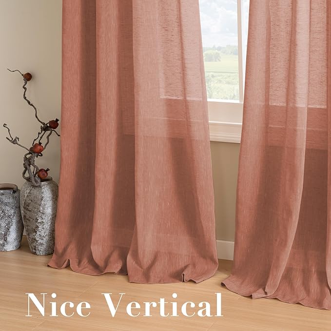 H.VERSAILTEX Linen Curtains Natural Linen Blended Curtain Panels for Living Room/Light Reducing Linen Semi Sheer Curtains 2 Panels Set Nickel Grommet Window Panels (52x84 Inch, Terracotta)