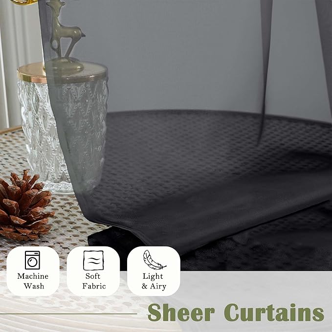 Lecloud Black Sheer Curtains 120 Inches Long 2 Panels, Balance Light & Privacy Voile Window Curtains, Solid Sheer Curtain Drapes for Living Room Balcony Big Windows, 59" W x 120" L