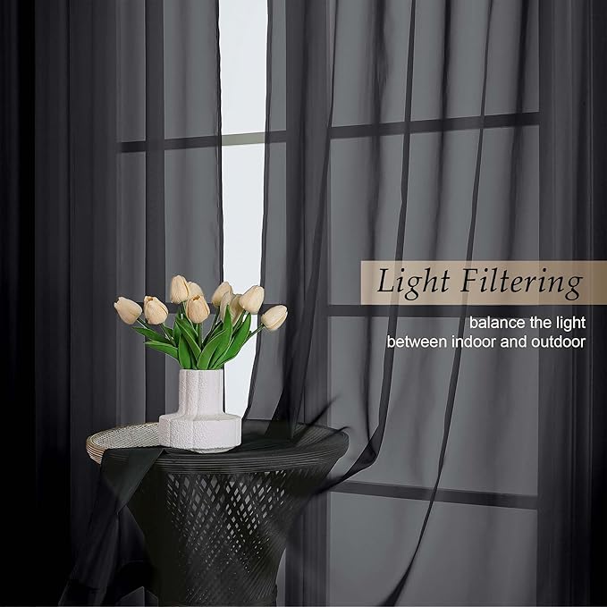 Extra Long Black Sheer Curtains for Bedroom Living Room 108 Inches Long 2 Panels Set, Solid Soft Light Filtering Rod Pocket Sheer Window Curtains, Black, Each 59" Wx108 L Inch