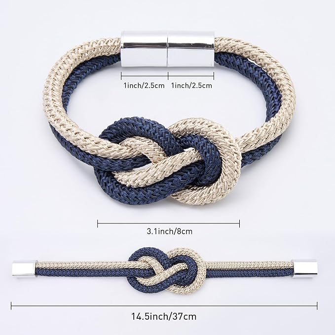NICEEC 4 Pack Mini Magnetic Curtain Tiebacks Nordic Simple Style Drape Tie Backs Elegant Hand Weave Rope Knot Decorative Curtain Holdbacks for Home & Office Thin Window Drapery (Dark Blue & Beige)