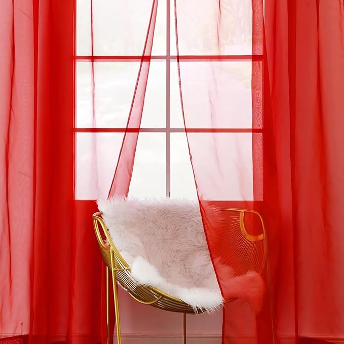 youleyar Solid Sheer Rod Pocket Curtain Voile Draperies 2 Panels White Beige Black Grey Coffee 52 Inch Width 96 Inch Long 1 Pair for Kitchen Bedroom Children Living Room Yard (Red,52Wｘ96L)