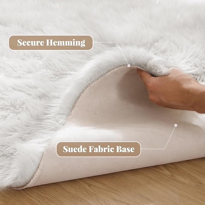 ORINOVA White Fluffy Faux Fur Rugs for Bedroom Sheepskin Machine Washable Shag Area Rugs for Living Room Small Circle Boho Round Rug 3ft