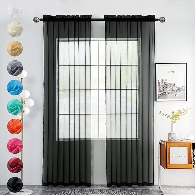 youleyar Solid Sheer Rod Pocket Curtain Voile Draperies 2 Panels White Beige Black Grey Coffee 60 Inch Width 84 Inch Long 1 Pair for Kitchen Bedroom Children Living Room Yard(Black,60Wｘ84L)
