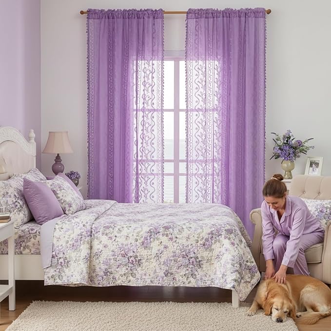 WAZZIO Boho Lace Curtains 84 Inch 2 Panels -Sheer Panel Drape Floral Pattern & Tassel Light Filtering Privacy for Bedroom Dining Living Room,Lilac Girl Women House Decor,Lavender Purple,W52 x 84L