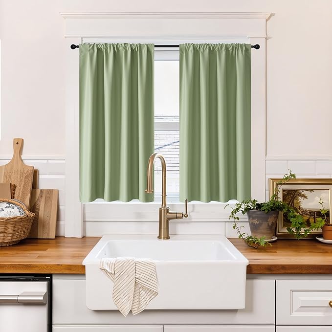 RYB HOME 100% Blackout Basement Curtains 36 inches Long, Heat & UV Blocking Total Room Darkening Noise Reducing Curtains for Bathroom RV Campers, Sage Green, 2 Panels Set