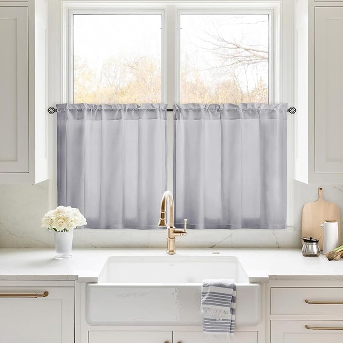 HOMEIDEAS Non-See-Through Light Grey Privacy Sheer Kitchen Curtains, 30 X 24 Inches Long 2 Panels Sheer Curtains Light Filtering Bathroom Window Drapes for Bedroom Living Room
