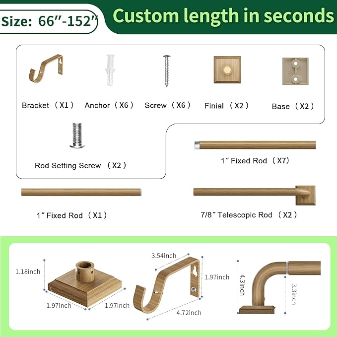 Boho Wood Grain Curtain Rods for Windows 66-152Inch(5.5-12.7ft) Heavy Duty Wrap Around Blackout Curtain Rods, Adjustable Room Darkening Drapery Rod for Bedroom, Living Room & Outdoor, Stainless Steel