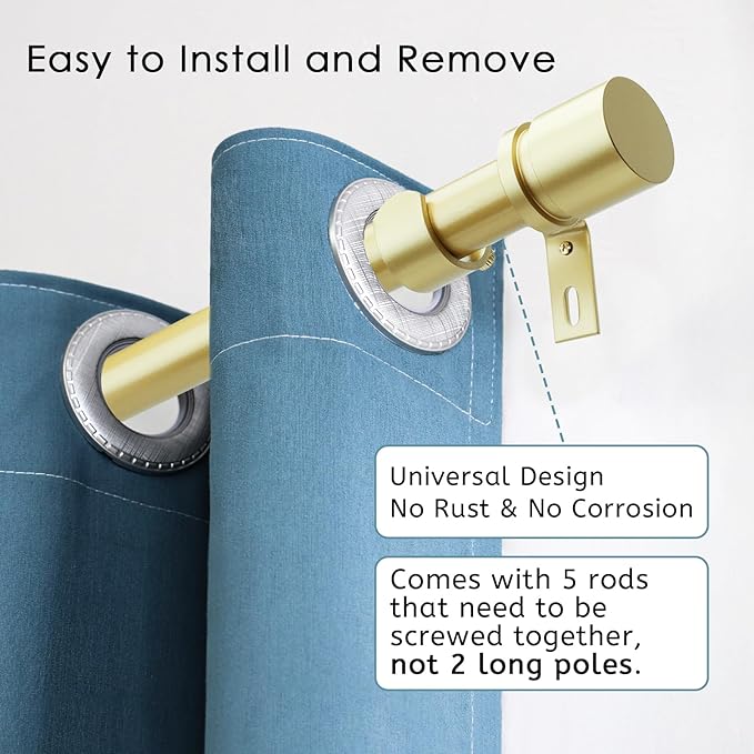 Byondeth Curtain Rods for Windows 16 to 88 Inches Adjustable Length 1 Inch Diameter Window Curtain Rod with Aluminium Finials, Warm Gold