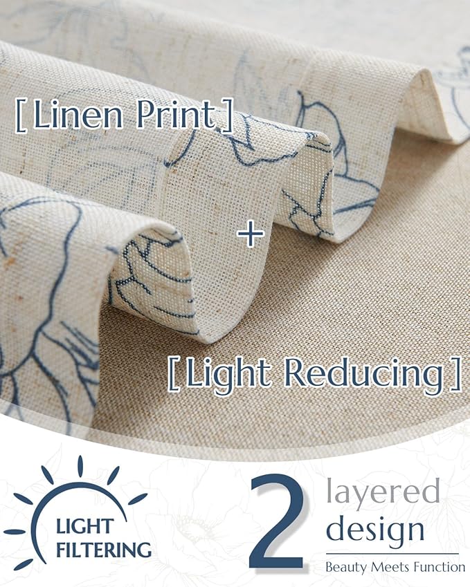 jinchan Linen Floral Valance Curtain for Kitchen Blue Flower on Beige for Windows Room Darkening Farmhouse Valance Double Layer Window Treatment Decoration 1 Panel Rod Pocket 16 Inch