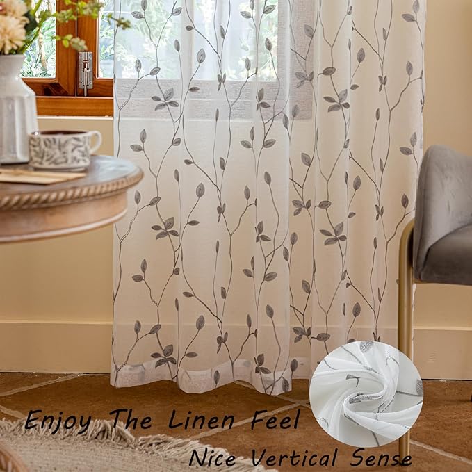 AmHoo 2 Panels Embroidered Leaf Pattern Semi Sheer Curtains Foliage Floral Voile Window Draperies Treatment for Bedroom Living Room Rod Pocket White Light Gray 53 x 63 Inch