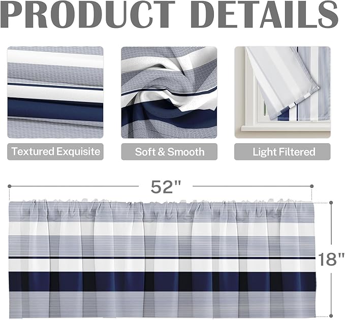 Emvency 2 Pack Valances Window Treatments, Striped Navy Nautical Minimalist Coastal Geometric Drapes Adjustable Curtain for Windows Living Room Kitchen Over Sink, 52x18 Inch Rod Pocket Valances