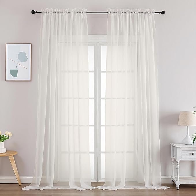 Gwine Sheer Ivory Curtains 96 Inches Long 2 Panels Set, Light Filtering Voile Fimly Sheer Curtains for Living Room Bedroom, Elegant Soft Airy Rod Pocket Window Treatment, 59Wx96L Inch, 2PCS, Ivory