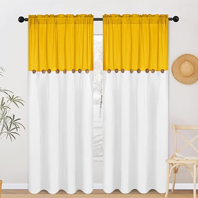 FRAMICS Farmhouse Cotton Linen Curtains for Living Room, Rustic Button Curtains 84 Inch Length 2 Panels, Boho Country Linen Window Curtain for Bedroom Rod Pocket Drapes, 52 x 84 Inch, Yellow and White