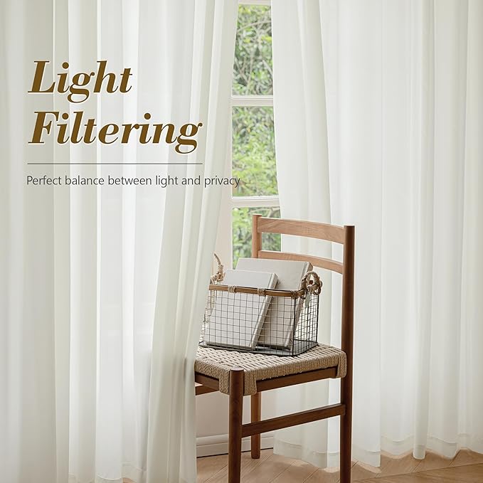 FMFUNCTEX Sheer Non-See-Through Netural Beige Curtains for Bedroom, Faux Silk that Let Light Curtains 90 inches Long Light Filtering Privacy Sheer Drapes for Living Room, Rod Pocket 2 Panels Set