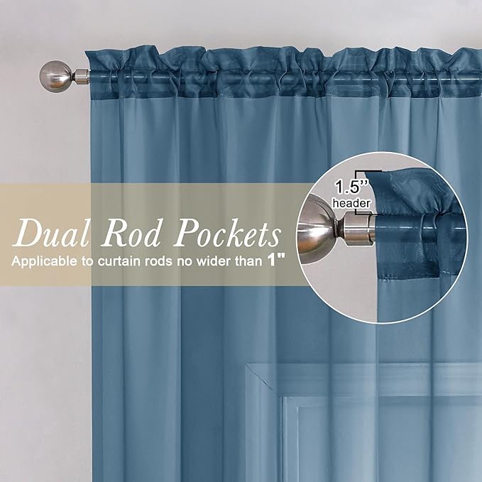 Lecloud Dusty Blue Sheer Curtains 78 Inches Long 2 Panels, Light Filtering Breathable Curtain, Gauzy Stylish Home Decor Drapes with Dual Rod Pocket for Dining Room Bedroom, Each 42" W x 78" L