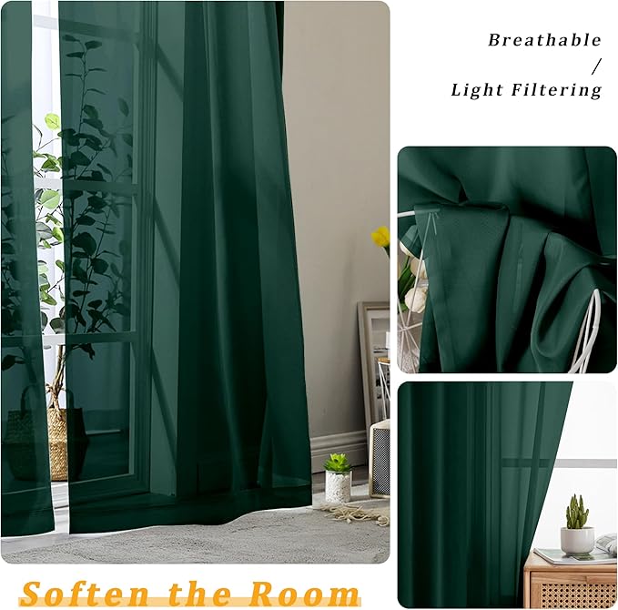 Gwine Hunter Green Sheer Curtains 96 Inches Long 2 Panels, Elegant Window Treatments Voile Curtains for Living Room, Light Filtering Rod Pocket Sheer Drapes, Each 42" Wx96