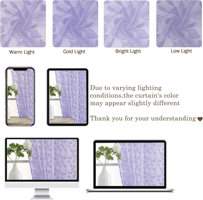 Chyhomenyc Light Purple Sheer Curtains 90 Inch Length 2 Panels Set, Light Filtering Tufted Textured Soft Airy Rod Pocket Gentle Leaf Window Treatment Drapes for Bedroom Living Room, 52" Wx90 L, 2PCS