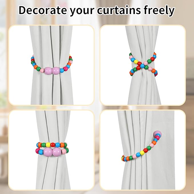 KLOGTSIND Magnetic Curtain Tiebacks, 6 Pack Curtain Holdbacks for Draperies, Wood Bead Curtain Tiebacks, Elegant Curtain Tie Backs for Bedroom Decor, Boho Room Decor, Nursery Decor, Farmhouse Décor
